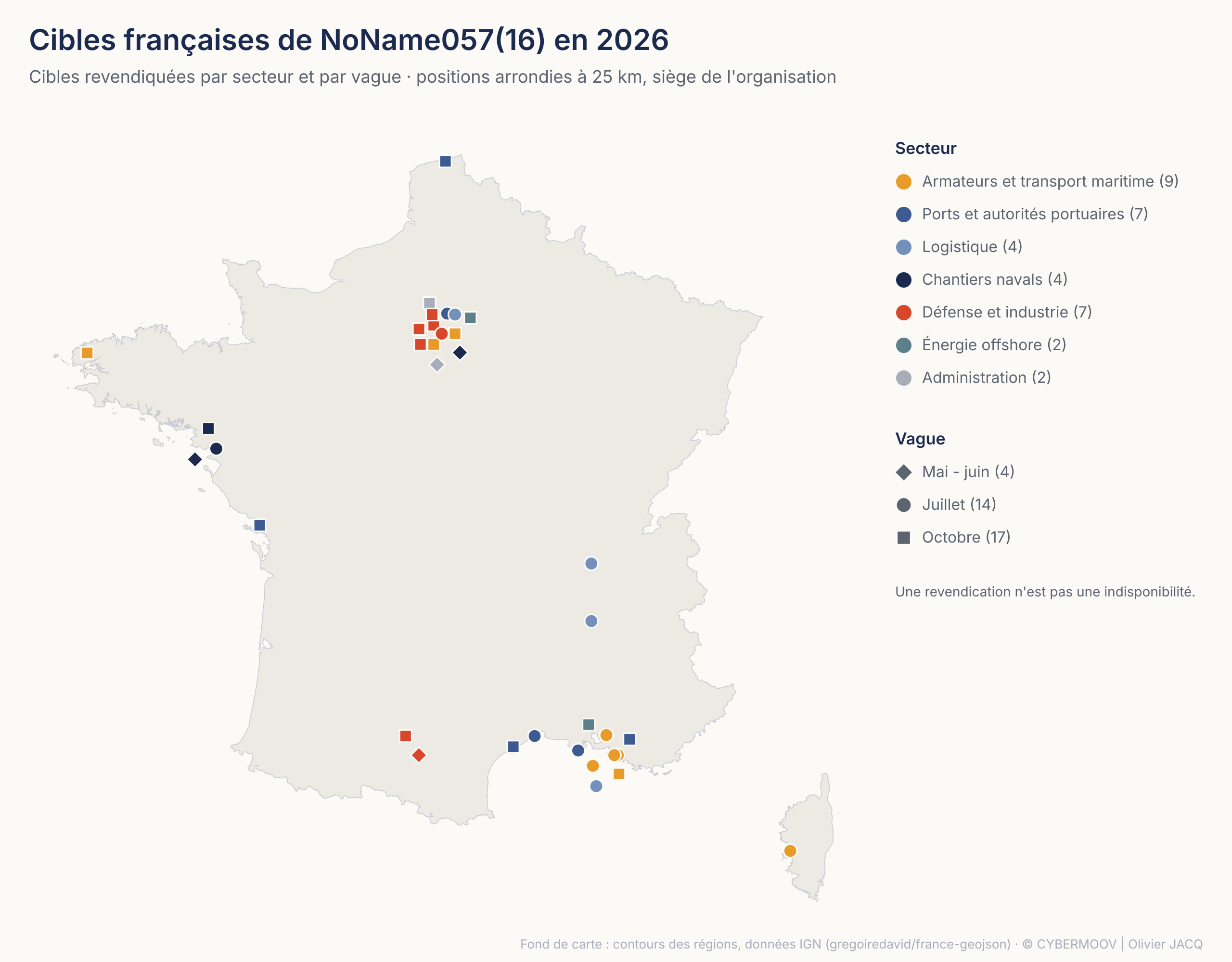 NoName057(16) a revendiqué 35 cibles françaises du secteur maritime en 2026. Mais figurer sur une liste de cibles prouve-t-il une intention, ou une indisponibilité ? /images/deux-vagues-france/carte.png