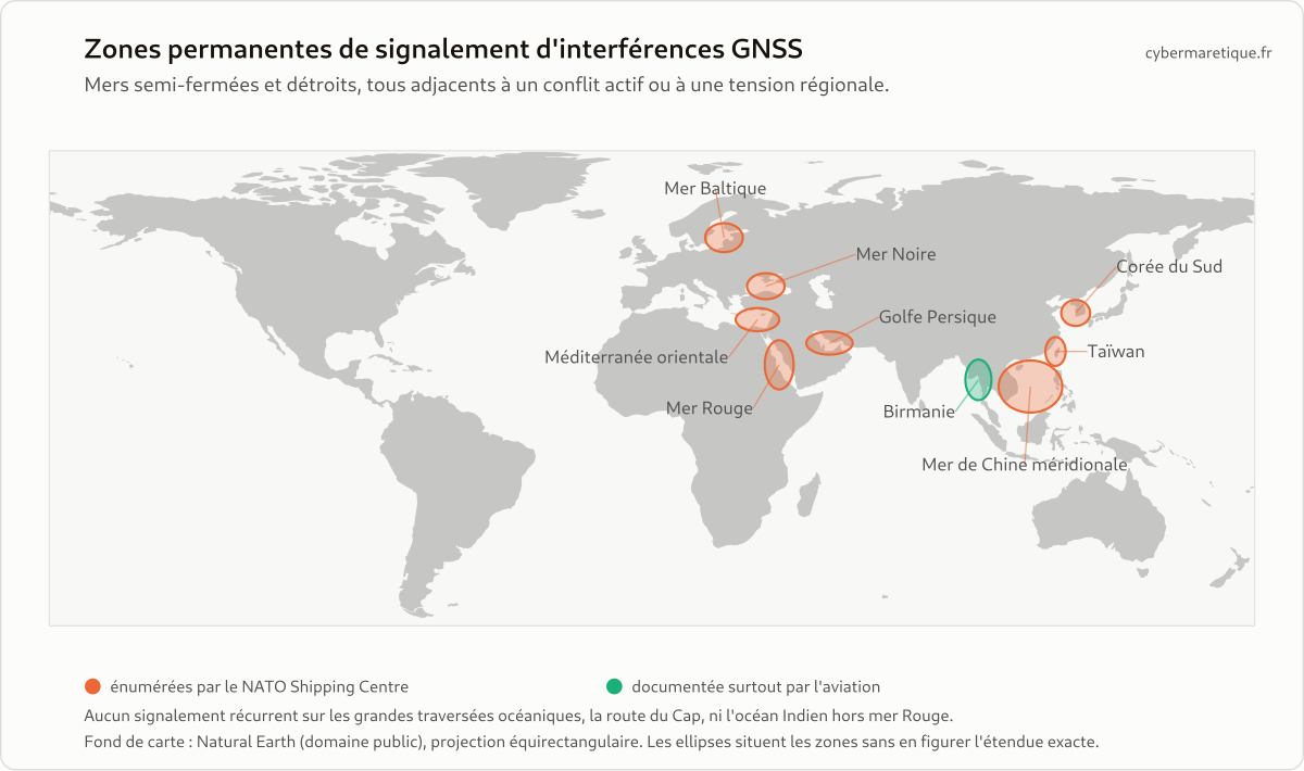 Ce que valent vraiment la hausse de 50 % des interférences GNSS, la géographie du brouillage maritime et le récit du leurrage « cohérent », sources à l'appui. /images/gnss-carte-zones.png
